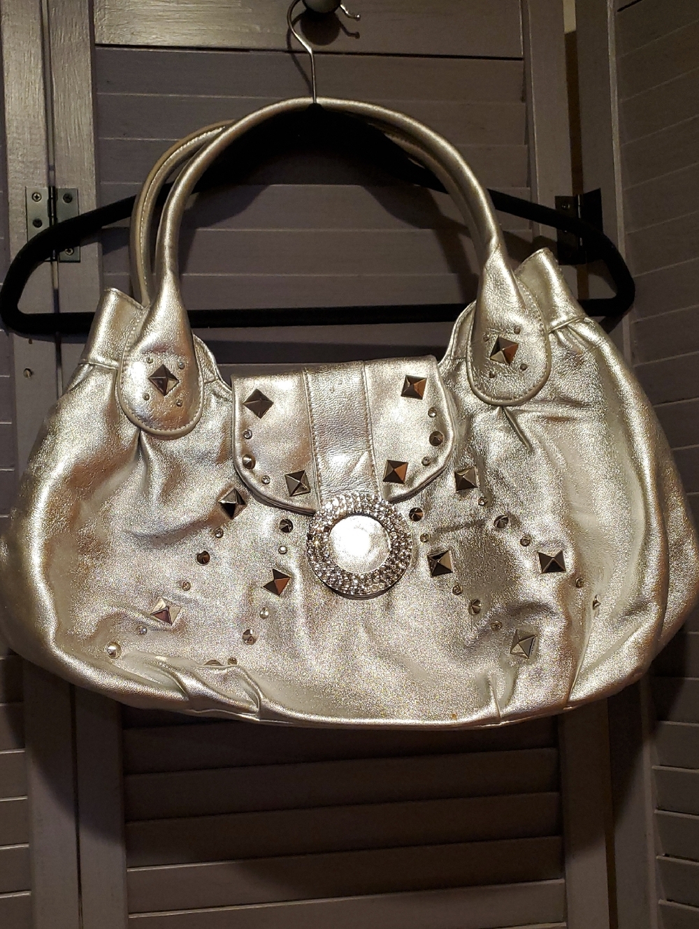 Luck and Charm Metallic Silver Studded Satchel Handbag